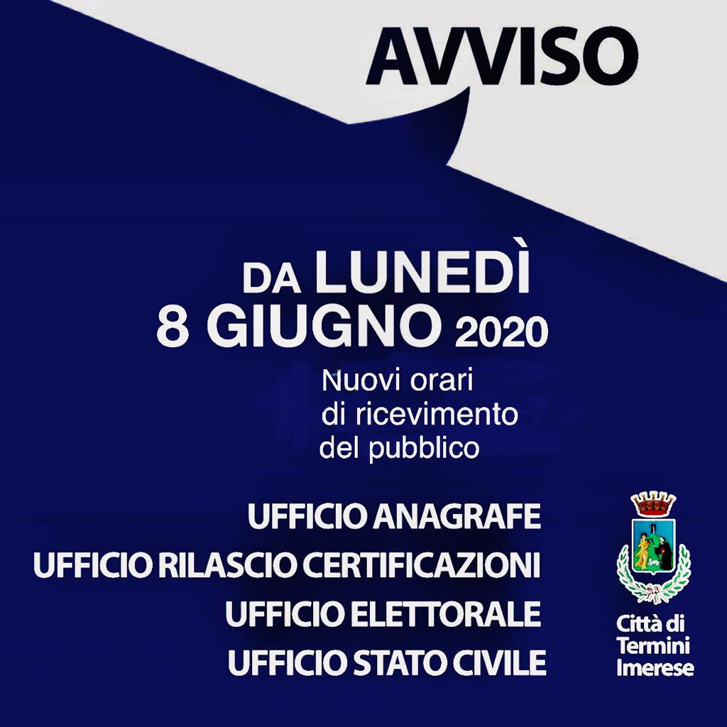Nuovi orari ricevimento pubblico uffici comunali.  Fase 2 Emergenza COVID 19